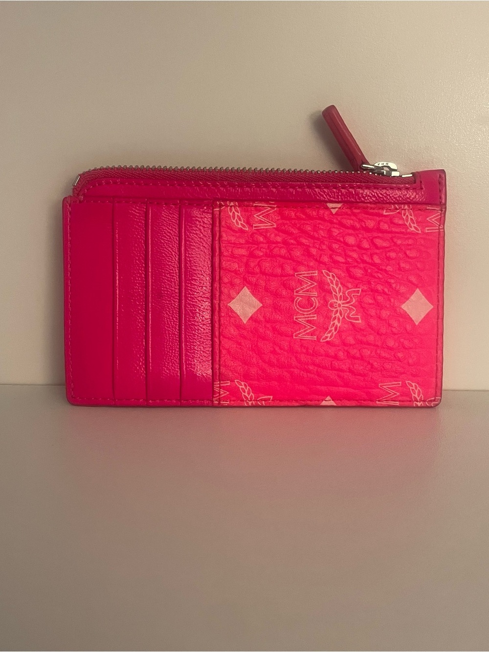 MCM Hot Pink Monogram Card Zip Pouch